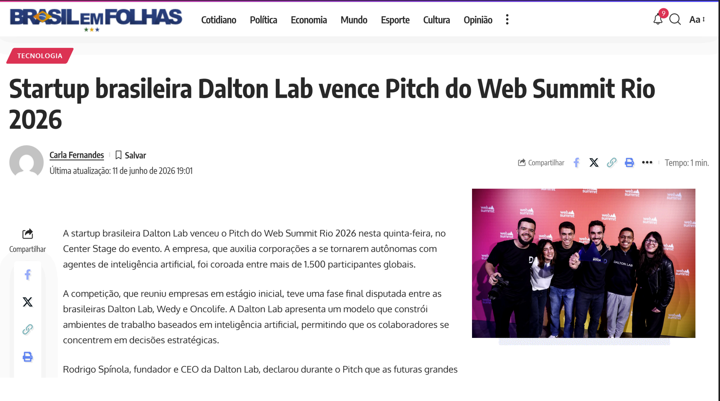 Brasil em Folhas — Dalton Lab vence o Pitch do Web Summit Rio 2026